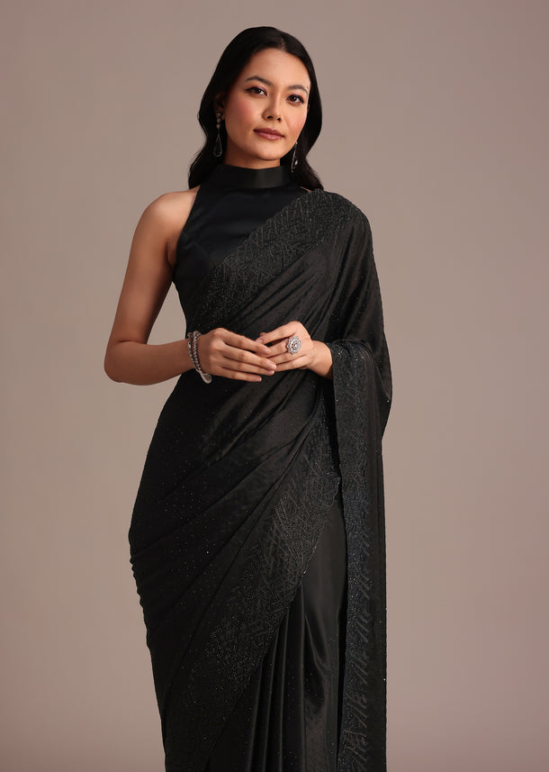 Black Satin Stone And Diamond Embroidered Saree