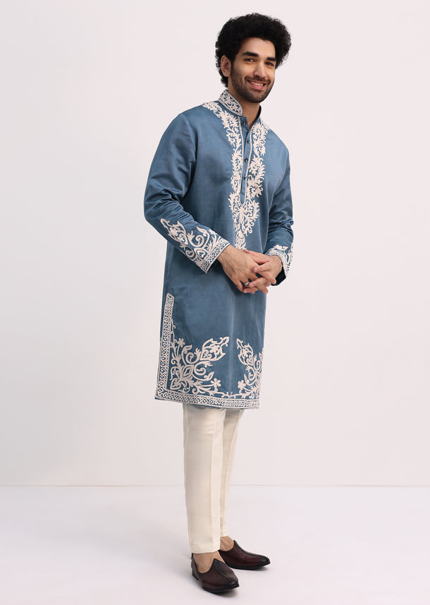 Blue And Grey Kurta With Threadwork