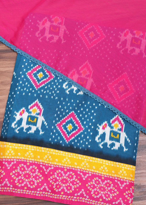 Blue And Pink Patola Printed Tussar Dress Material