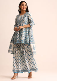 Blue And White Printed Cotton Kurta Sharara With Dupatta