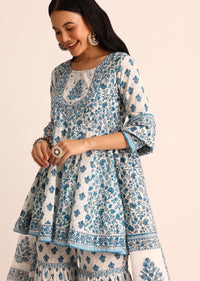 Blue And White Printed Cotton Kurta Sharara With Dupatta