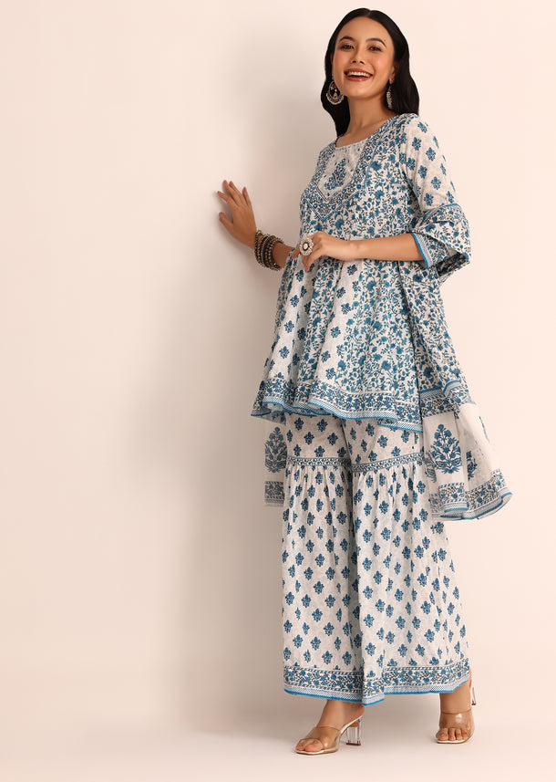 Blue And White Printed Cotton Kurta Sharara With Dupatta