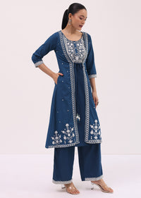 Blue Cotton Kurta Palazzo In Resham Work