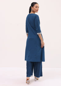 Blue Cotton Kurta Palazzo In Resham Work