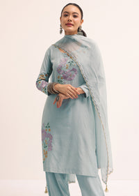 Blue Cotton Kurta Set With Dupatta In Resham Work