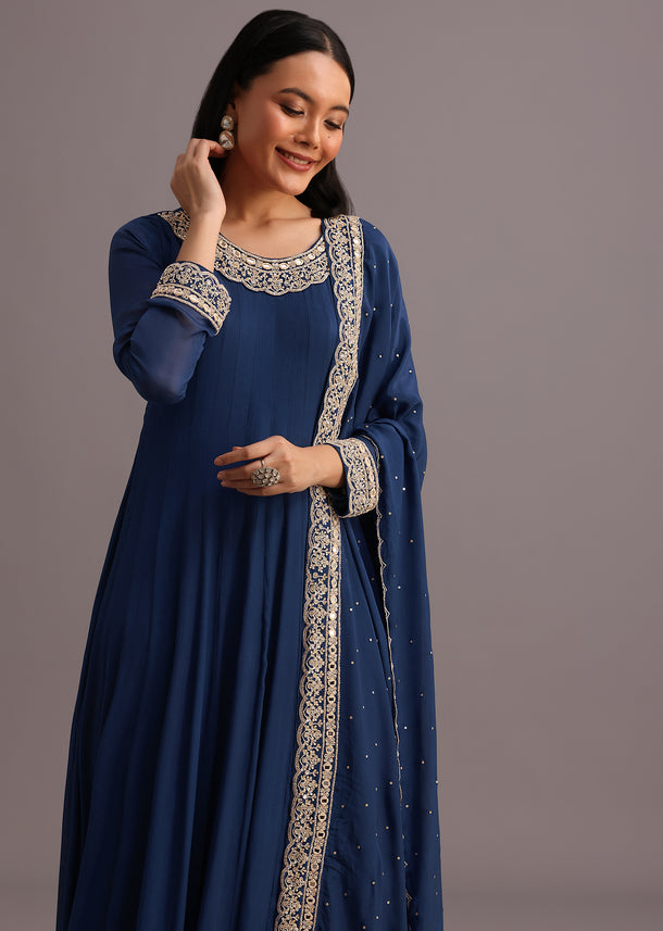 Blue Embroidered Anarkali Suit With Dupatta