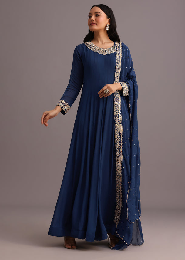 Blue Embroidered Anarkali Suit With Dupatta