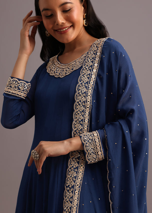Blue Embroidered Anarkali Suit With Dupatta