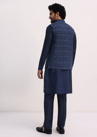 Blue Kurta With Cutdana Embroidered Jacket Set For Men