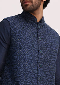 Blue Kurta With Cutdana Embroidered Jacket Set For Men