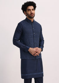 Blue Kurta With Cutdana Embroidered Jacket Set For Men