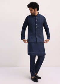 Blue Kurta With Cutdana Embroidered Jacket Set For Men