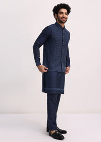 Blue Kurta With Cutdana Embroidered Jacket Set For Men