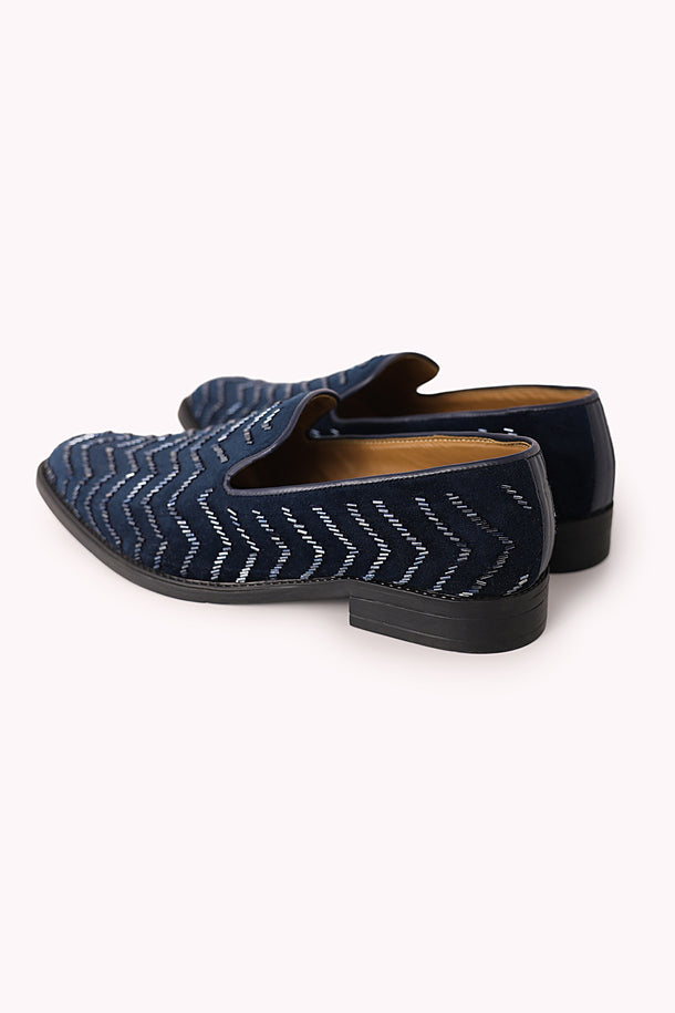 Blue Juttis In Velvet with Chevron Pattern