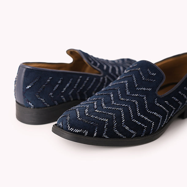 Blue Juttis In Velvet with Chevron Pattern