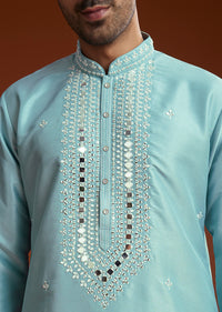 Blue Mirror Embellished Kurta Pant Set In Silk