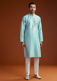 Blue Mirror Embellished Kurta Pant Set In Silk