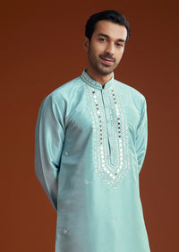 Blue Mirror Embellished Kurta Pant Set In Silk
