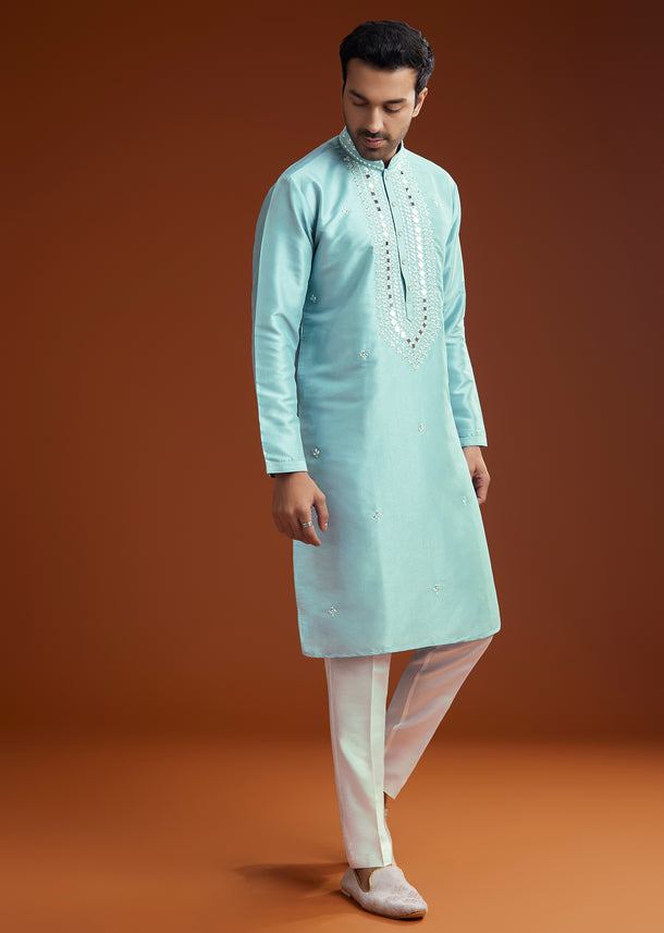 Blue Mirror Embellished Kurta Pant Set In Silk
