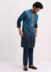 Blue Shaded Sequin Zipper Kurta With Navy Blue Pants