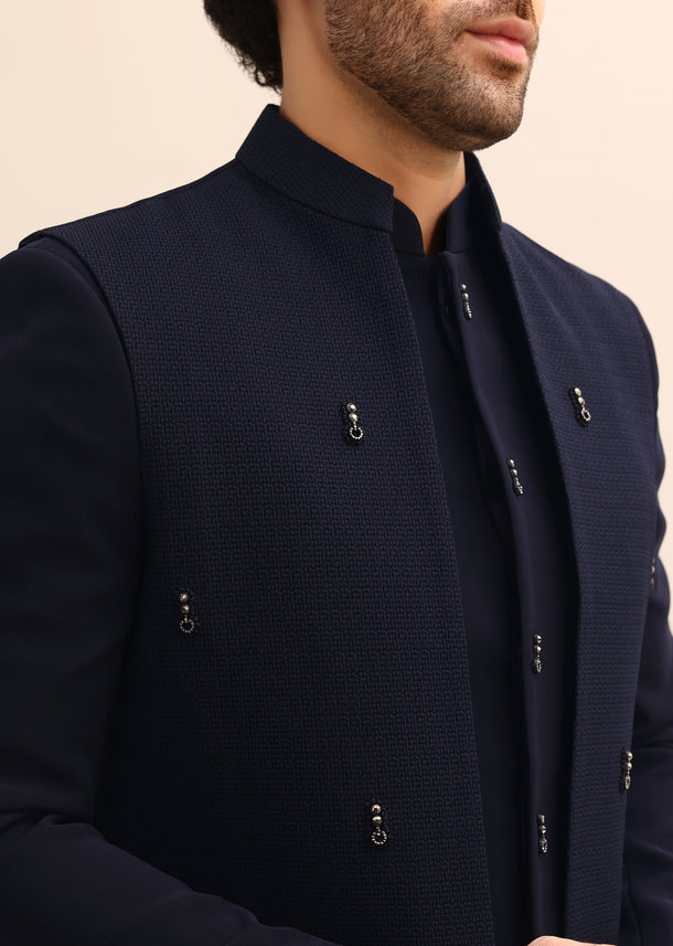 Blue Jacquard 3 Pc Bandhgala Jodhpuri Suit