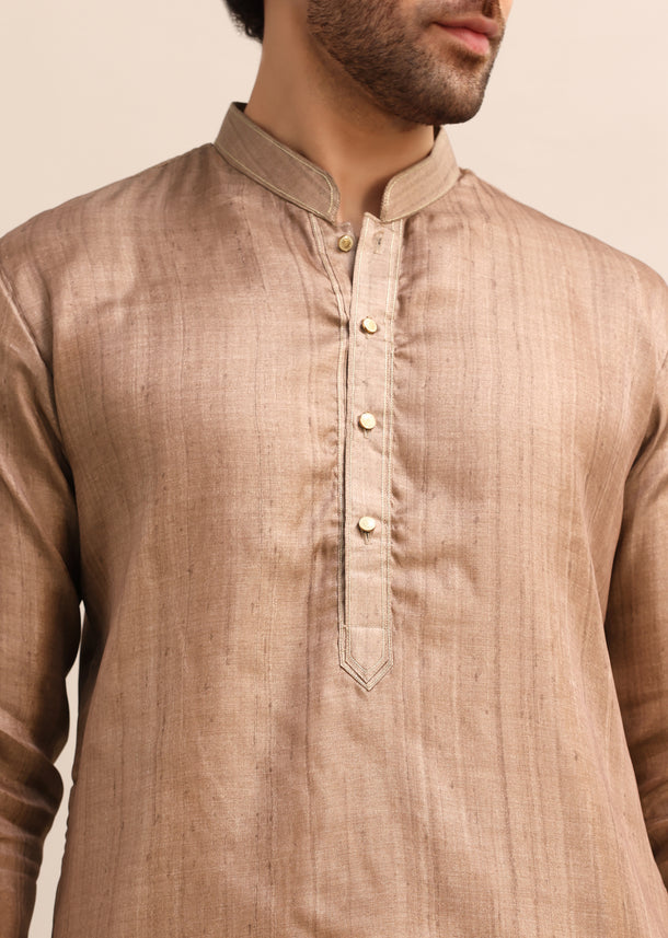 Brown Tussar Silk Plain Kurta Pyjama For Men