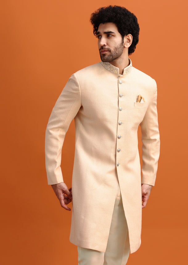 Cream Silk Nawabi With Self Work For Men