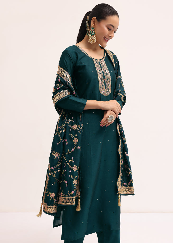 Dark Green Silk Kurta Set With Dupatta