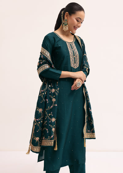 Dark Green Silk Kurta Set With Dupatta