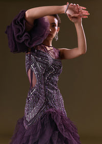 Deep Violet Mermaid Fit Asymmetric Gown With Ruffle Detailing