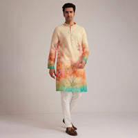 Fawn Linen Ombre Kurta Set With Floral Print