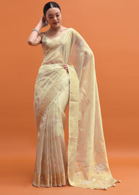 Gold Embroidered Tissue Saree With Unstitched Blouse