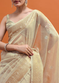 Gold Embroidered Tissue Saree With Unstitched Blouse