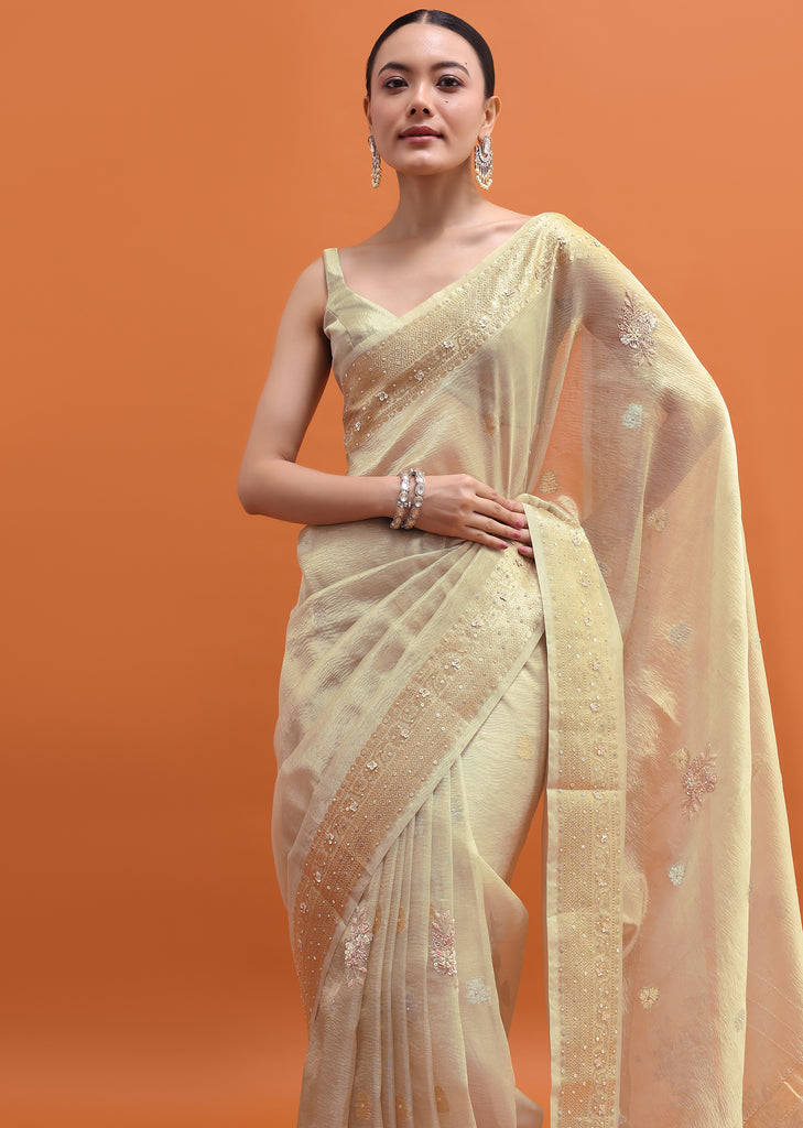 Gold Embroidered Tissue Saree With Unstitched Blouse