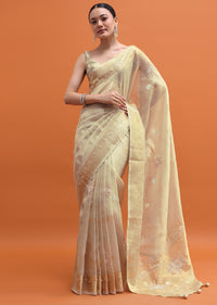 Gold Embroidered Tissue Saree With Unstitched Blouse