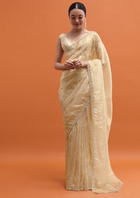 Gold Cutdana Embroidered Tissue Saree With Unstitched Blouse