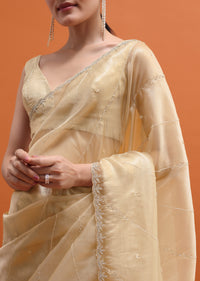 Gold Cutdana Embroidered Tissue Saree With Unstitched Blouse