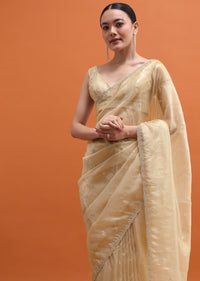 Gold Cutdana Embroidered Tissue Saree With Unstitched Blouse