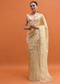 Gold Cutdana Embroidered Tissue Saree With Unstitched Blouse