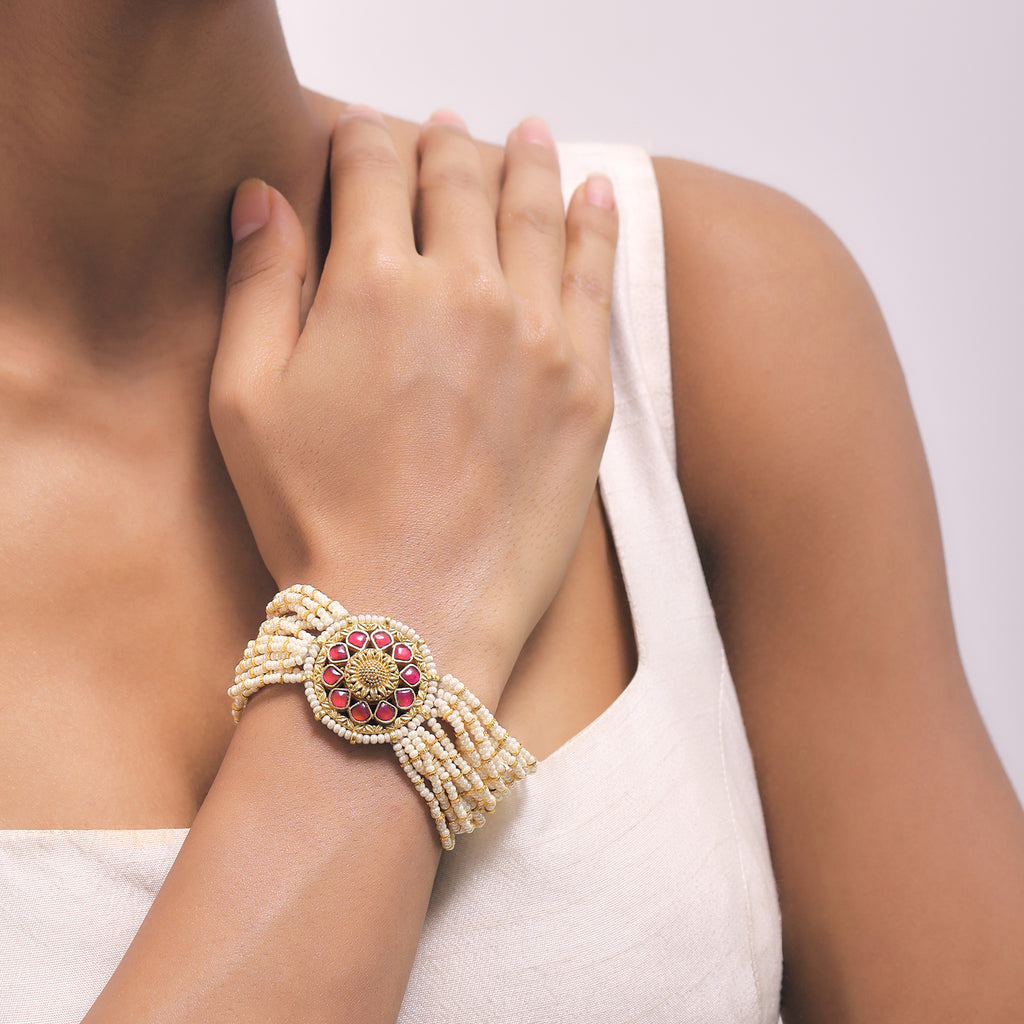 Gold Finish Kundan Bracelet With Ruby Stone And Pearl In Mix Metal