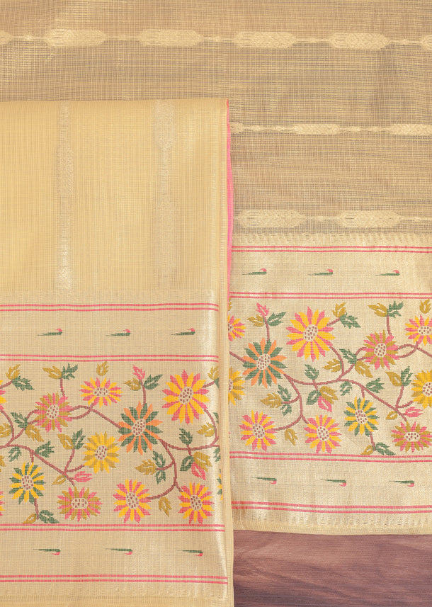 Gold Paithani Woven Silk Dress Material With Floral Motifs