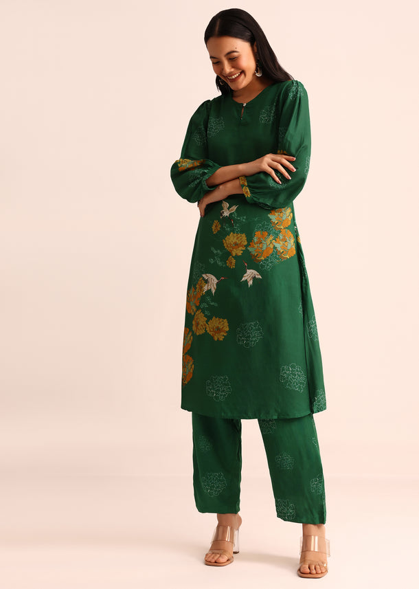 Green Abstract Printed Chanderi Kurti And Pant