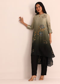 Green And Black Floral Printed Ombre Kurti And Pant