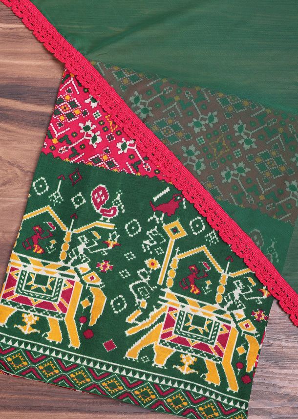 Green And Red Patola Printed Tussar Dress Material