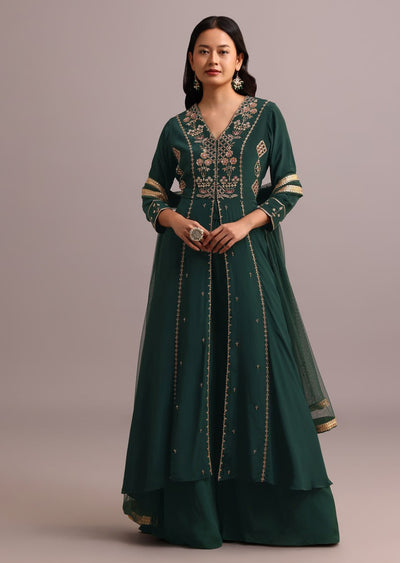 Green Embroidered Anarkali Palazzo Suit With Net Dupatta