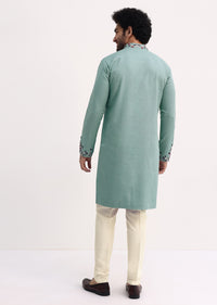 Green Handwork Embroidered Kurta Set For Men