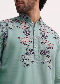 Green Handwork Embroidered Kurta Set For Men