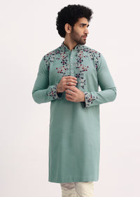 Green Handwork Embroidered Kurta Set For Men