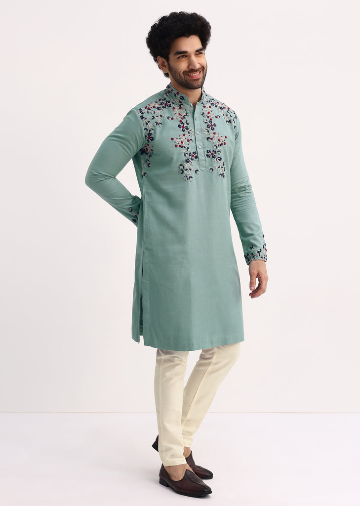 Green Handwork Embroidered Kurta Set For Men