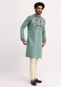 Green Handwork Embroidered Kurta Set For Men